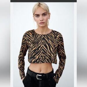 Zara Black and Tan Zebra-Print Cropped Long-Sleeve Top